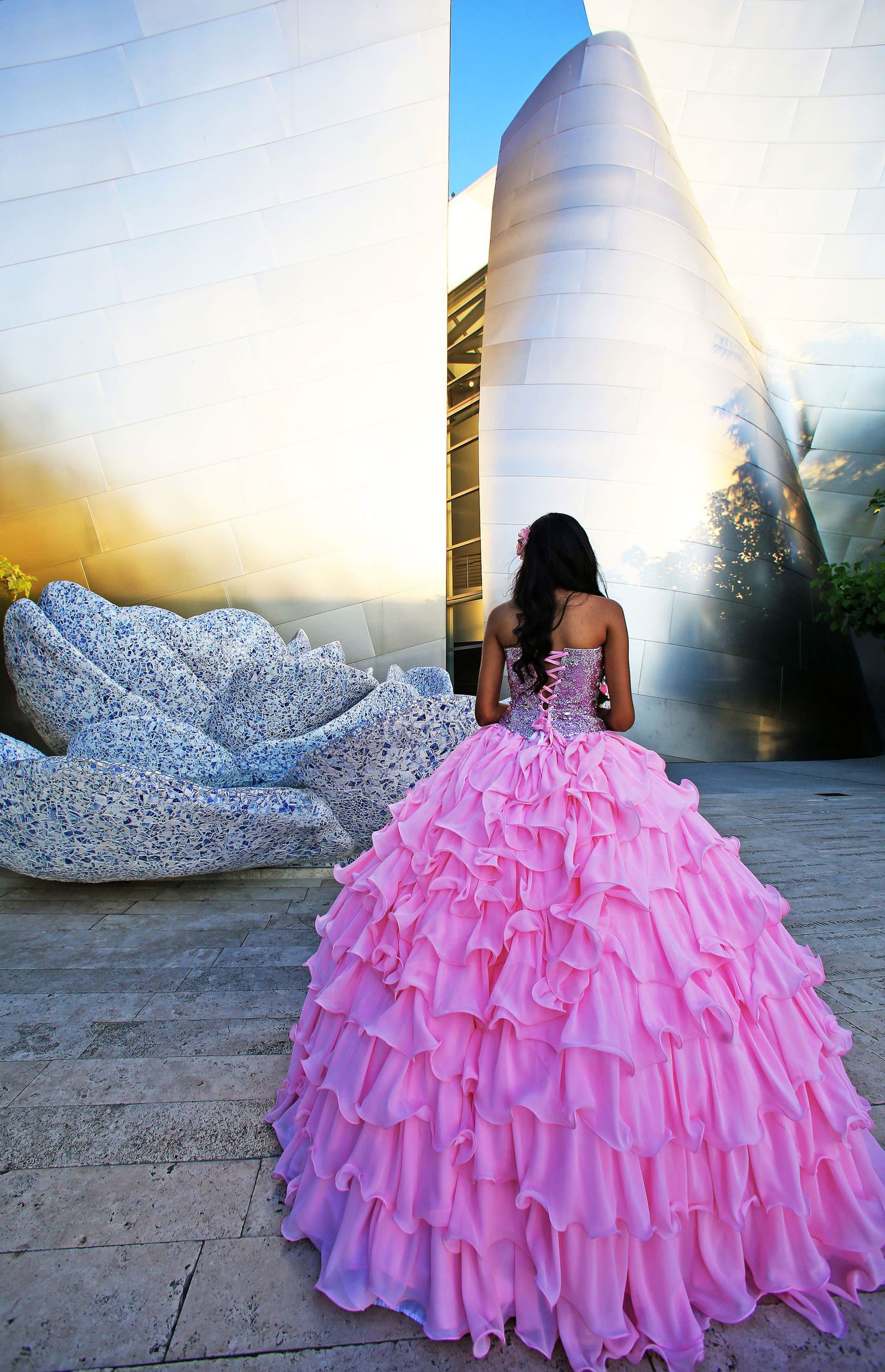 Walt Disney Hall and Pink Dress