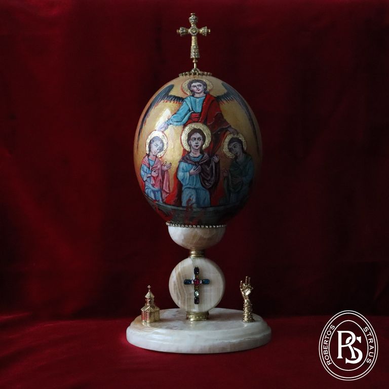 Archangel Michael and three youths in the fiery cave 1266 by Toros Roslin - made on ostrich eggs
