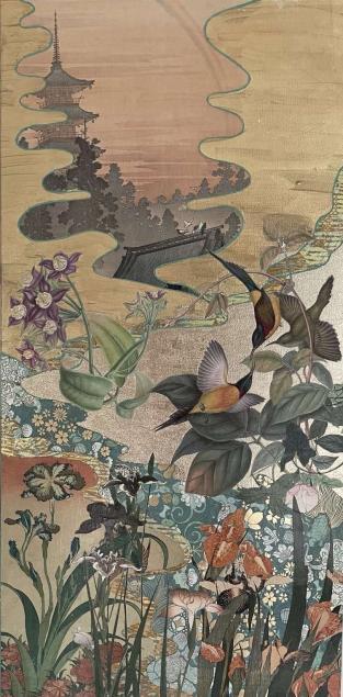 Collage irises and birds