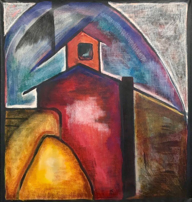 "The Fortress She Built" (Smoke & Noise), mixed on canvas, 32x30, 2000